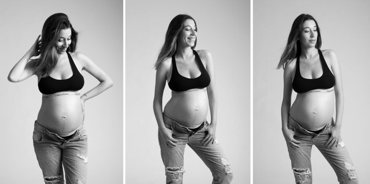 photo femme enceinte style fashion avec jeans troué et brassière