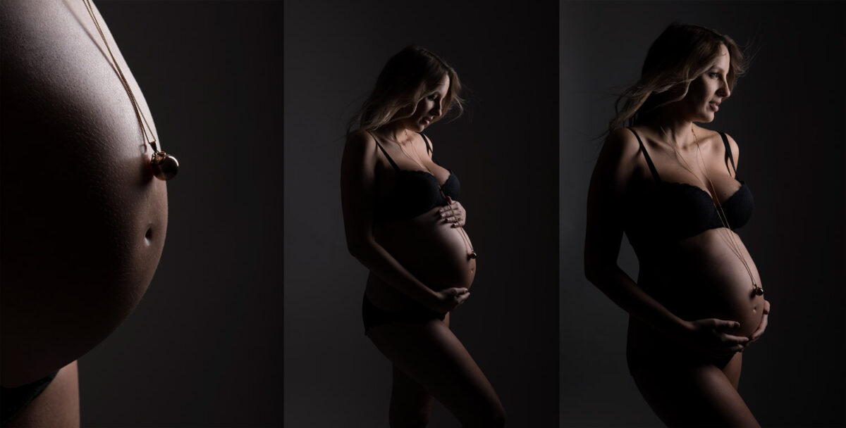 photo de grossesse en lingerie éclairage clair obscur